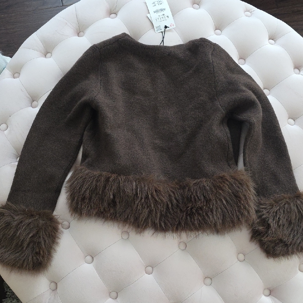Zara Brown Jacket with Faux Fur Trim Sz S - Picture 5 of 5